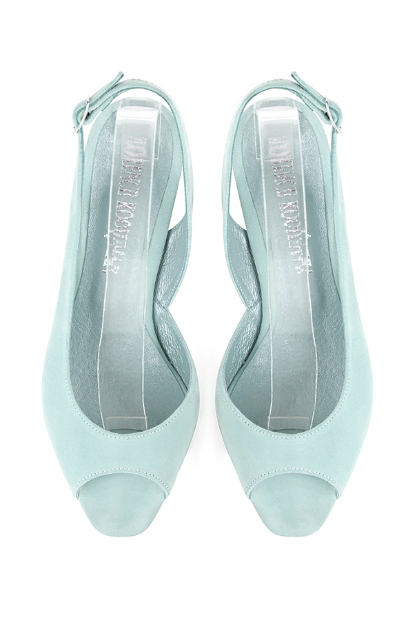 Women's aquamarine blue open-toe dress pumps with back strap. Square toe. High slim heel - Top view